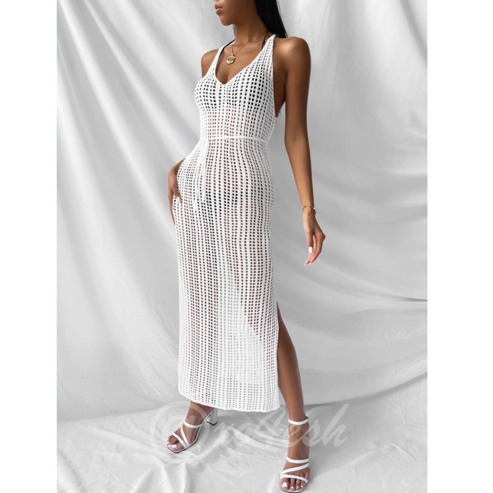 White Knitted Long Swim Coverup Open Back Waist Ties - Picture 4 of 11